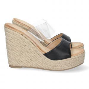 Sandalias de cuña alta mujer negro vinilo transparente