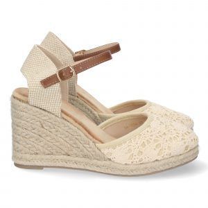 Sandalias de cuña mujer pala en bordado beige