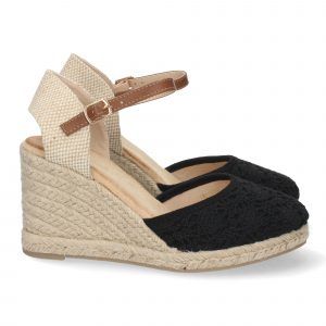 Sandalias de cuña mujer pala en bordado negro