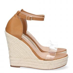 Sandalias de cuña alta mujer camel pala transparente