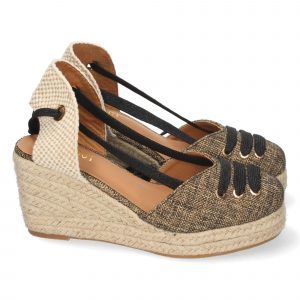 Sandalias de cuña mujer negro adorno cordones