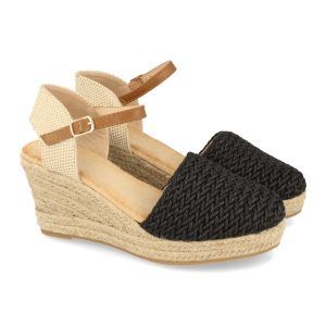 Sandalias de cuña yute para mujer pala rafia 1N 0016 Negro