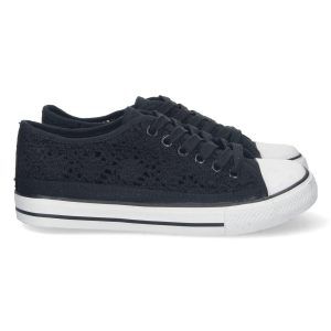 Zapatillas casual mujer negras lona bordada y calada EV-97