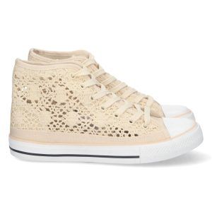 Zapatillas altas mujer beige lona bordada y calada EV-98