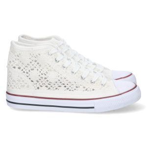 Zapatillas altas mujer blancas lona bordada y calada EV-98