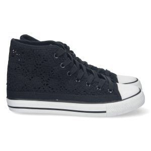 Zapatillas altas mujer negras lona bordada y calada EV-98
