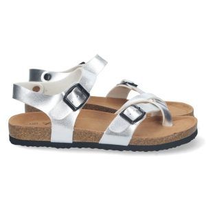 Sandalias planas mujer plateadas pala cruzada M-202