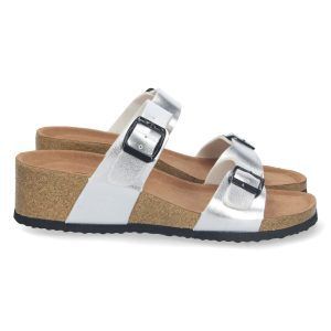 Sandalias de cuña mujer plateadas BIO pala ajustable M-220