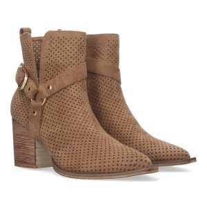 Botines mujer tacón ancho camel con diseño calado A-3017