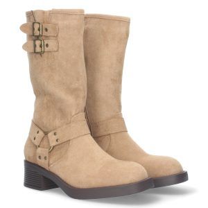 Botas moteras mujer beige doble hebilla y tacón bajo S-2508