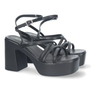 Sandalias de plataforma y tacón negras mujer tiras entrelazadas 045