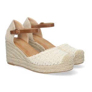 Sandalias de cuña beige mujer pala trenzada y punta rafia CF-3035