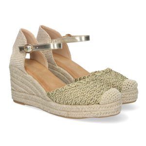 Sandalias de cuña doradas mujer pala trenzada y punta rafia CF-3035
