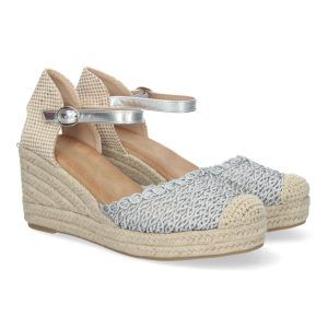 Sandalias de cuña plateadas mujer pala trenzada y punta rafia CF-3035