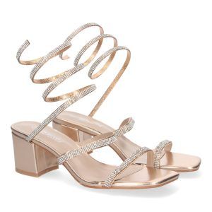 Sandalias de mujer champán con tacón ancho adornos brillantes