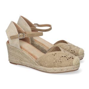 Sandalias de cuña kaki mujer pala floral elegante calada JNS-5Q35