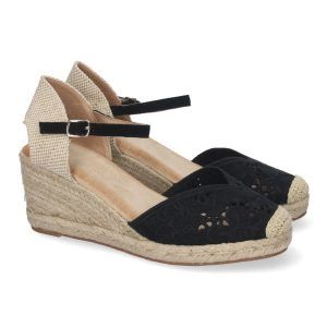 Sandalias de cuña negras mujer pala floral elegante calada JNS-5Q35
