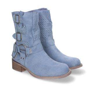 Botines azules mujer tacón con caña caldada y doble hebilla L1001