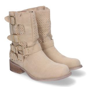 Botines beige mujer tacón con caña caldada y doble hebilla L1001