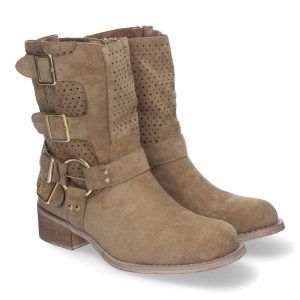 Botines kaki mujer tacón con caña caldada y doble hebilla L1001