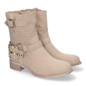 Botines beige mujer tacón bajo con caña caldada y hebilla L1002