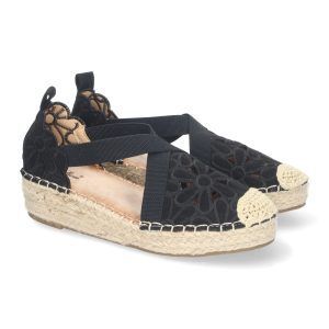 Sandalias de cuña negras para mujer dibujo floral cierre elástico LLI-3Q46