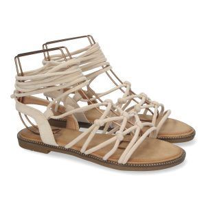 Sandalias planas mujer beige cómodas tiras trenzadas y cordones TF3107