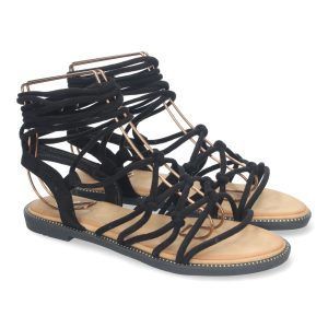 Sandalias planas mujer negras cómodas tiras trenzadas y cordones TF3107