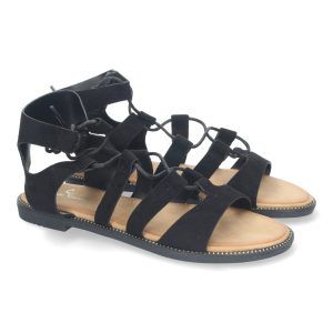 Sandalias planas mujer negras cómodas pala de tiras y cordones TF3110