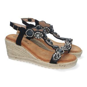 Sandalias de cuña negras para mujer adornos de pedrería WH-5Q13