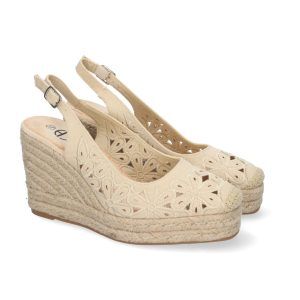 Sandalias de cuña beige mujer pala diseño floral y calado YZ23-113