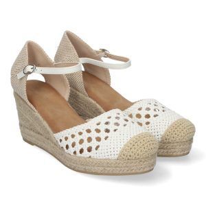 Sandalias de cuña blancas mujer pala entrelazada y punta de rafia A-3004