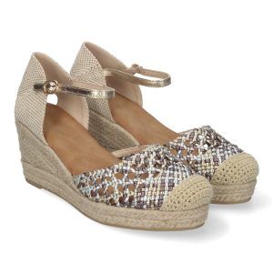Sandalias de cuña grises mujer pala entrelazada y punta de rafia A-3004