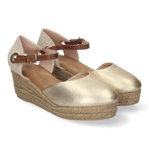 Sandalias de cuña mujer doradas adornos brillantes en yute A-3005