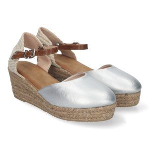 Sandalias de cuña mujer plateadas adornos brillantes en yute A-3005
