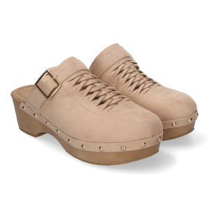 Zuecos mujer beige con tacón y plataforma baja pala detalle DB-3241