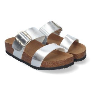 Sandalias planas mujer plateadas doble pala planta BIO M-282