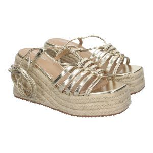 Sandalias de cuña yute mujer pala tiras doradas y cierre cordones TF1009