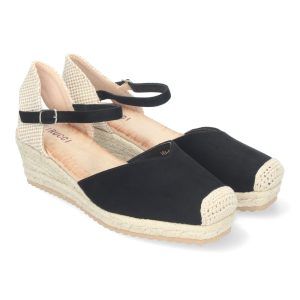 Sandalias de cuña negras mujer punta de rafia VRA-693