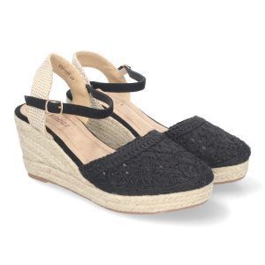 Sandalias de cuña negras mujer pala crochet estilo valenciana VRA-898