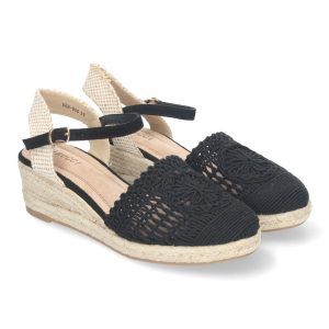 Sandalias de cuña baja negras mujer pala crochet estilo valenciana VRA-900