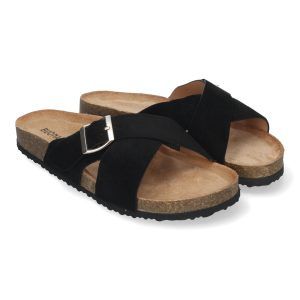 Sandalias planas negras mujer pala cruzada planta anatómica BIO AY-2239