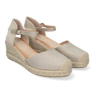 Sandalias de cuña doradas mujer punta de rafia cierre hebilla CF-2372