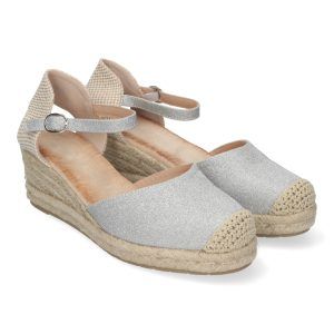 Sandalias de cuña plateadas mujer punta de rafia cierre hebilla CF-2372