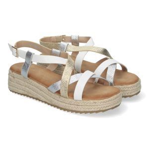 Sandalias planas mujer blancas con tiras doradas y plateadas CF-2457