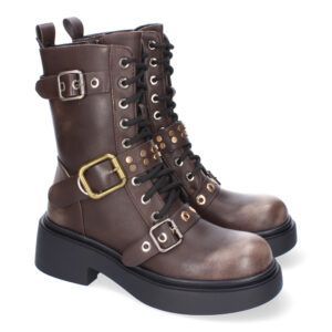 Botas estilo motero mujer marrones con cordones y trilpe hebilla 52122