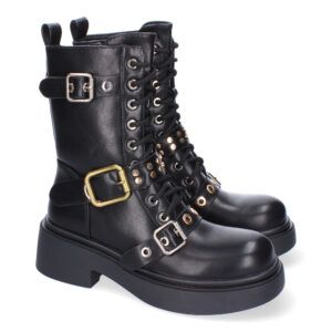 Botas estilo motero mujer negras con cordones y trilpe hebilla 52122