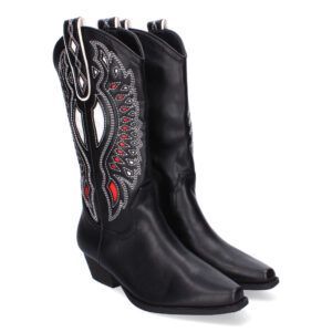 Botas cowboy negras mujer con tacón medio y dibujo bordado en caña A-3304