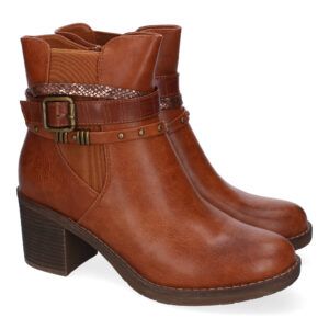 Botines tacón medio mujer camel hebilla y tiras C738