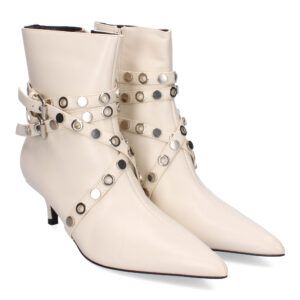 Botines de tacón fino beige mujer con tiras y adornos metálicos G-3333